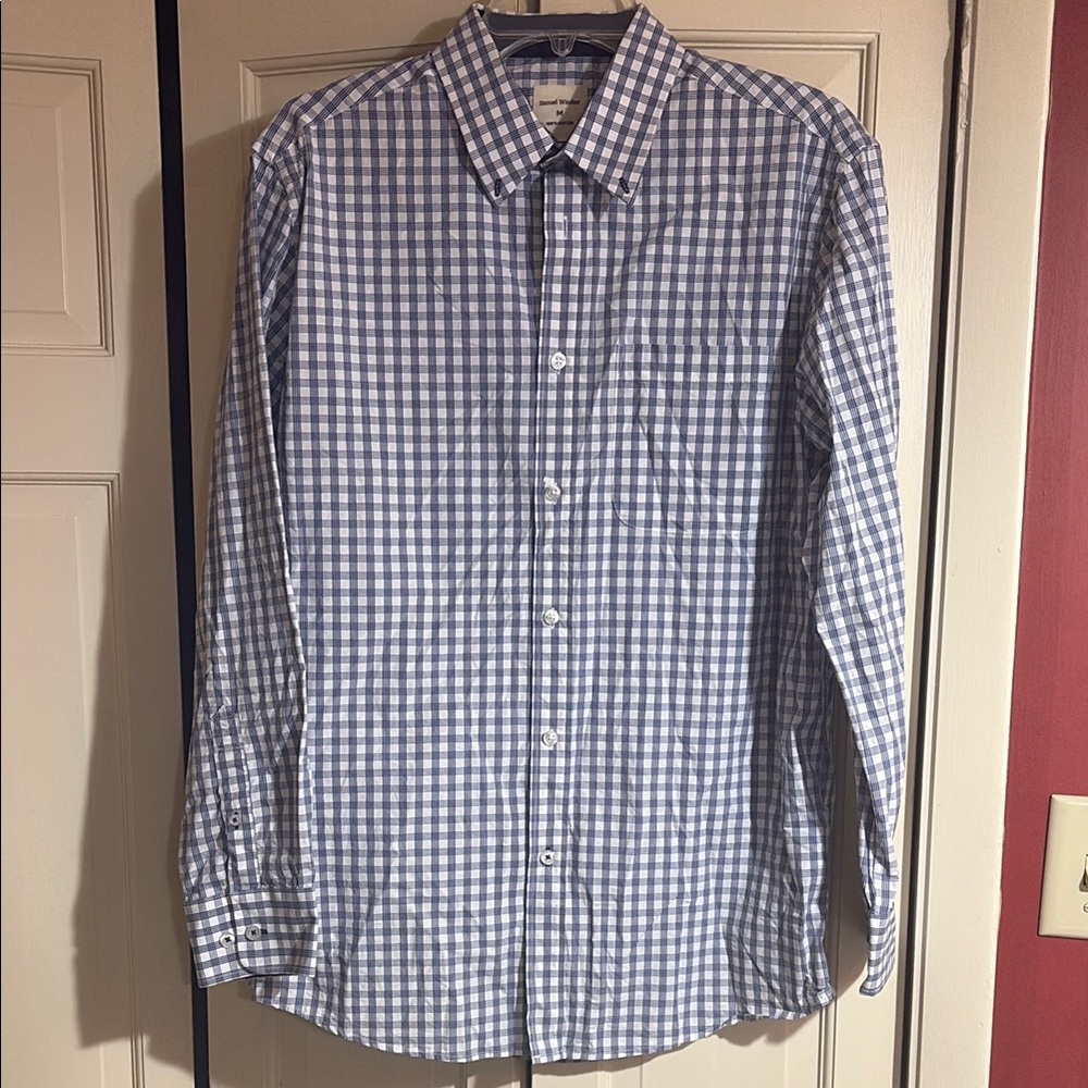 Blue and White Casual Button Down Shirt with Gingham Pattern